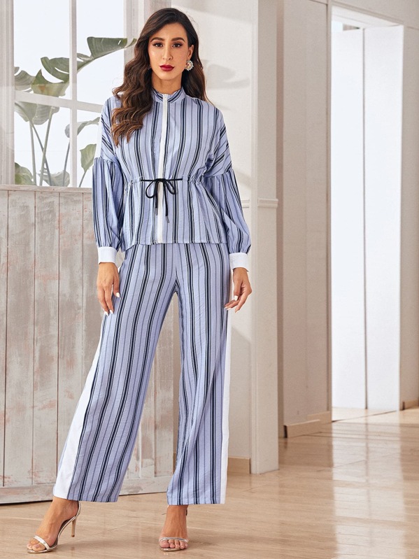 

Striped Print Drawstring Waist Top & Wide Leg Pants, Multicolor, Gabe