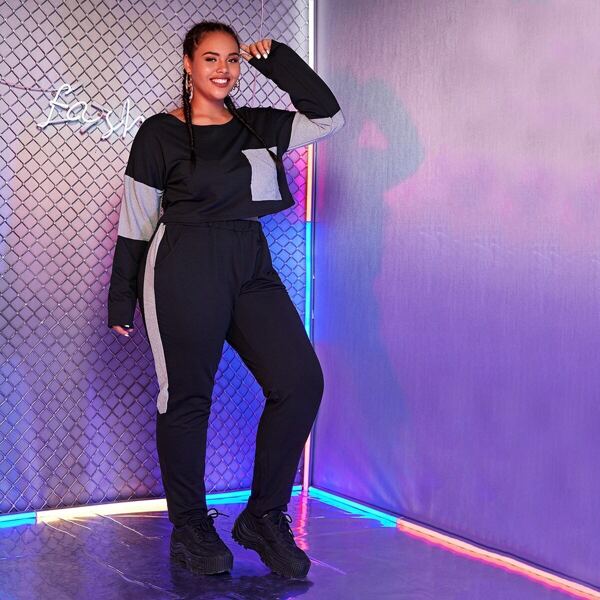 

Plus Contrast Pocket Top With Elastic Waist Pants, Black