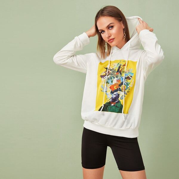

Cartoon Graphic Drawstring Hooded Sweatshirt, White