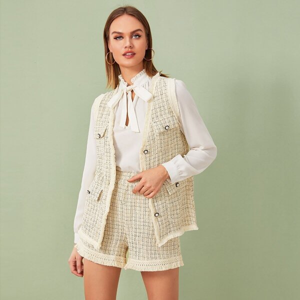 

Raw Trim Plaid Tweed Vest Coat With Shorts, Beige
