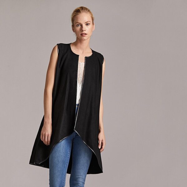 

High Low Hem PU Trim Vest, Black