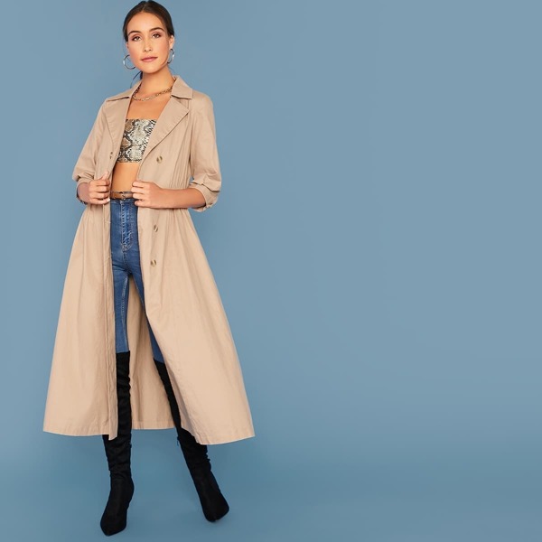 

Notched Collar Buttoned Elastic Waist Trench Coat, Khaki