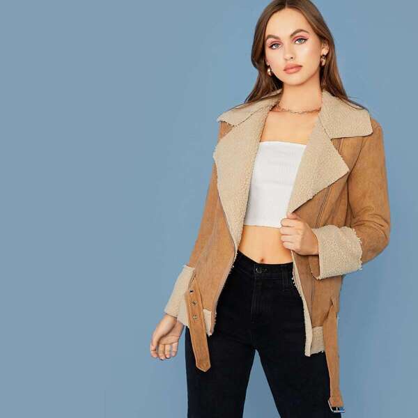 

Zip Up Contrast Lining Buckle Belted Suede Coat, Camel