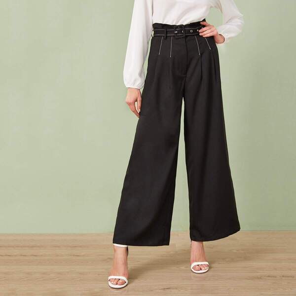 

Paperbag Waist Contrast Stitch Buckle Belted Palazzo Pants, Black