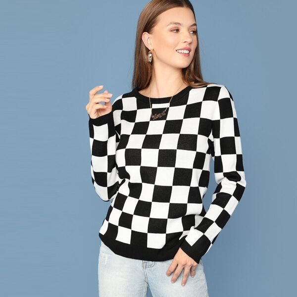 

Two Tone Checked Sweater, Black and white