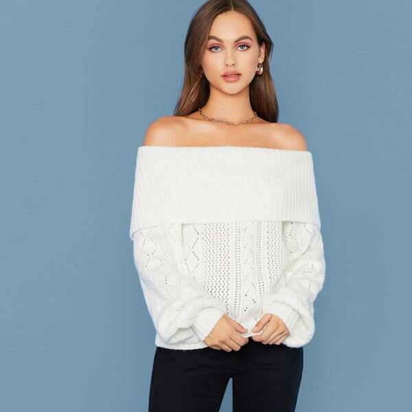

Off Shoulder Foldover Lantern Sleeve Pointelle Knit Sweater, White