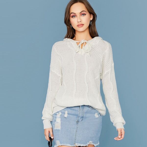 

Tie Neck Drop Shoulder Hooded Cable Knit Sweater, White