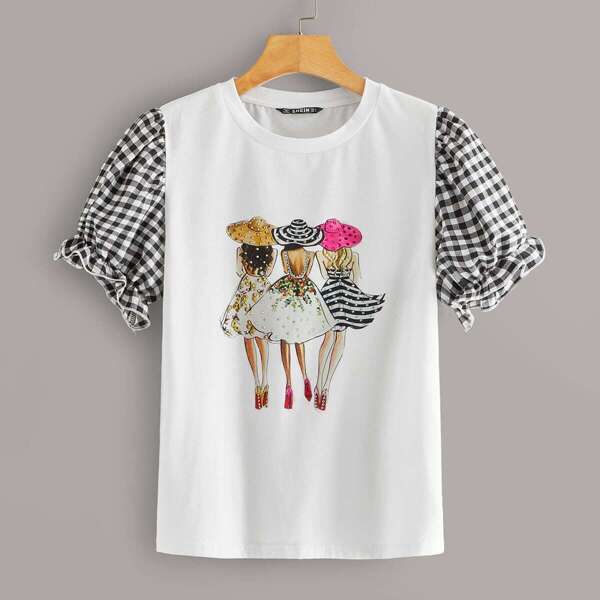 

Pearl Beaded Gingham Flounce Sleeve Tee