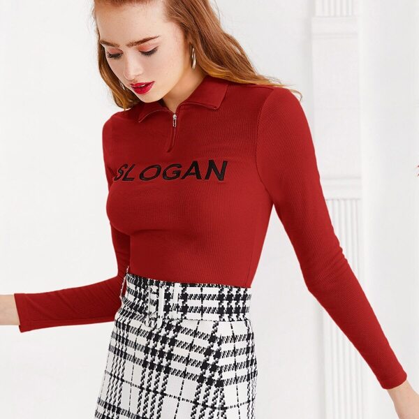 

Zip Half Placket Embroidery Rib-knit Top