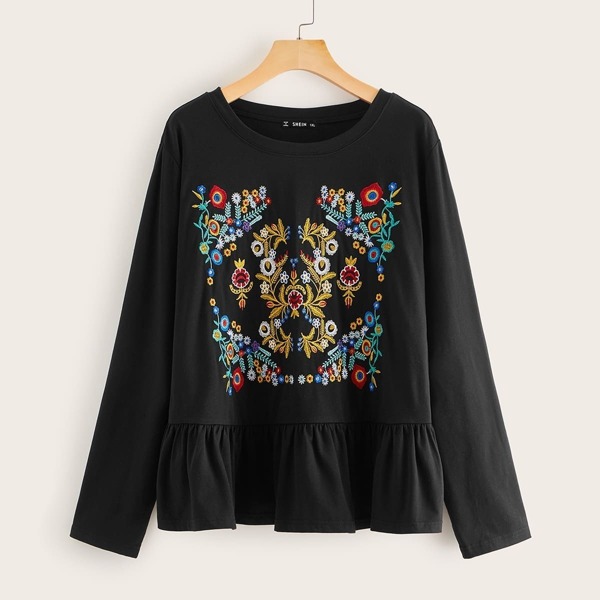 

Plus Embroidery Front Peplum Top, Black