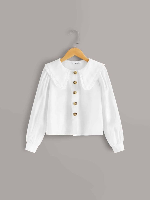 

Girls Frill Trim Solid Shirt, White