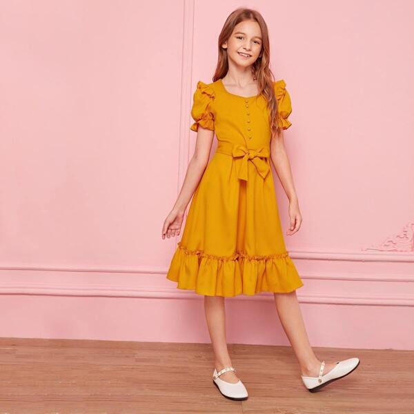 

Girls Button Front Puff Sleeve Frill Trim Belted Dress, Yellow bright