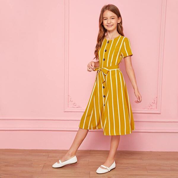 

Girls Self Belted Buttoned Front Striped Dress, Yellow bright