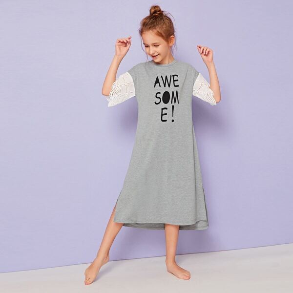 

Girls Letter Print Embroidered Eyelet Sleeve Split Nightdress