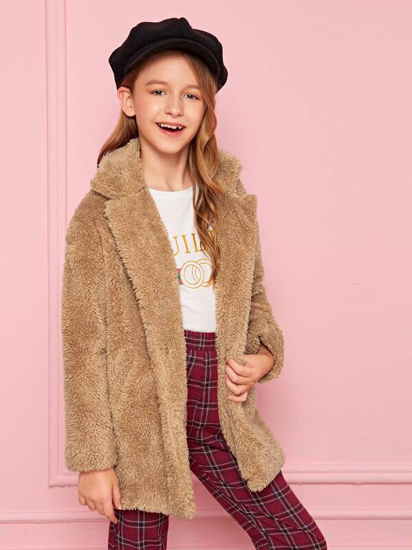 

Girls Notch Collar Pocket Side Teddy Coat, Camel, Sashab