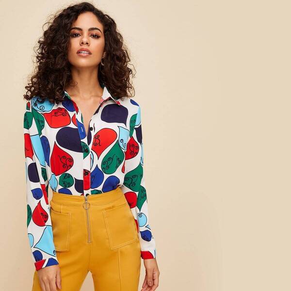 

Colorful Geometric Print Button Front Blouse, Multicolor