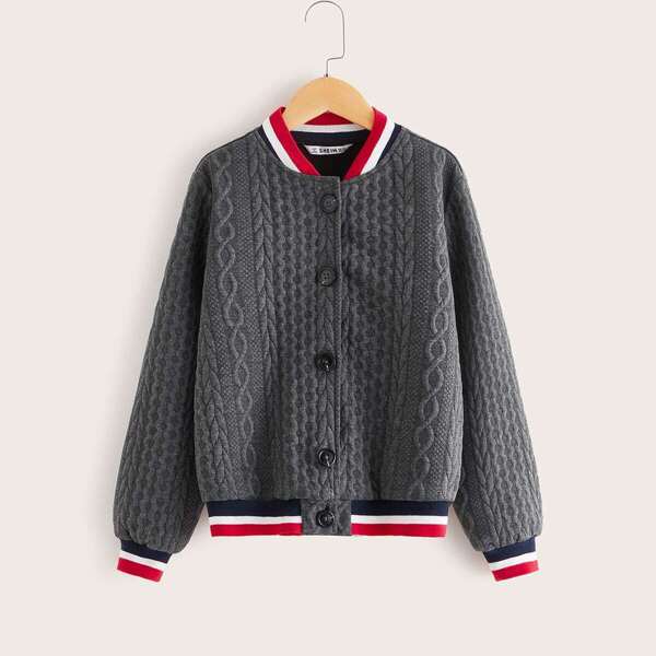 

Girls Contrast Striped Trim Textured Bomber Jacket, Grey