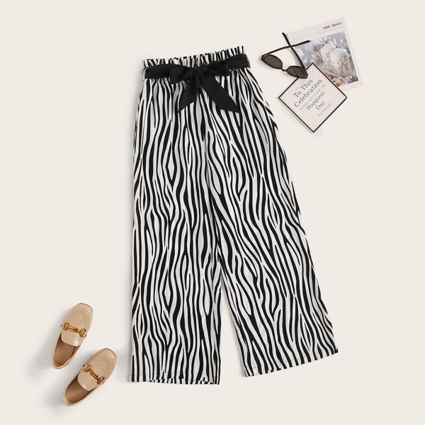 

Girls Paperbag Waist Zebra Print Wide Leg Pants