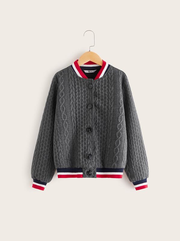 

Girls Buttoned Placket Striped Neck Textured Jacket, Grey