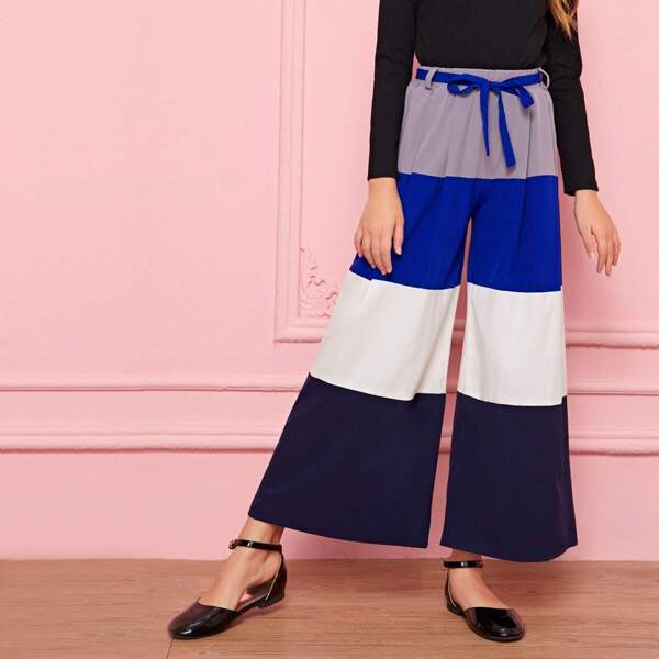 

Girls Self Belted Colorblock Wide Leg Pants, Multicolor