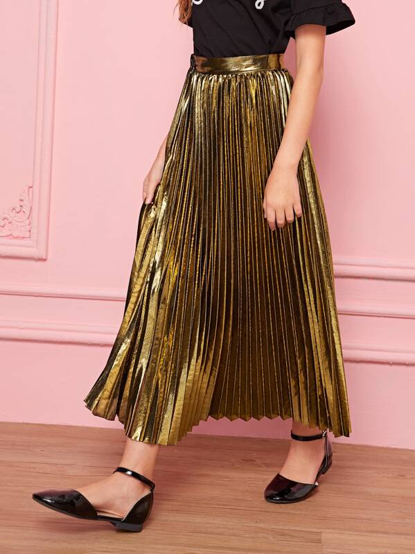 

Girls Wide Band Waist Metallic Pleated Skirt, Gold, Sashab