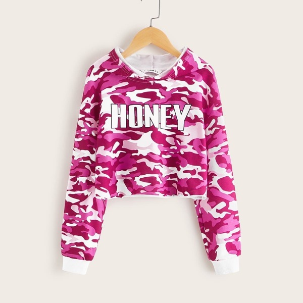 

Girls Camo and Letter Print Hoodie, Multicolor