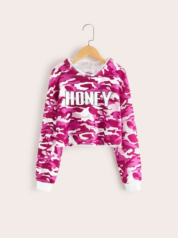 

Комуфляжная толстовка с текстовым принтом для девочек, Многоцветный