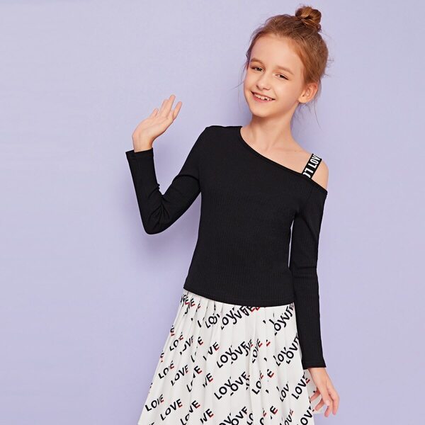 

Girls Asymmetrical Neck Letter Tape Rib-knit Tee, Black