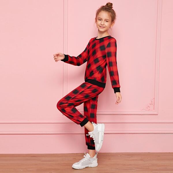 

Girls Contrast Trim Plaid Pullover & Sweatpants Set, Red bright