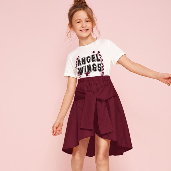 

Girls Letter Graphic Tee & Knot Asymmetrical Skirt Set, Multicolor
