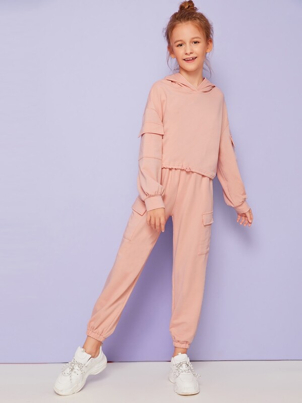 

Girls Flap Pocket Detail Hoodie & Sweatpants Set, Pink, Sashab