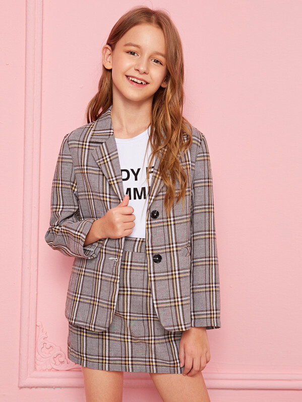 

Girls Notched Collar Plaid Blazer & Skirt Set, Multicolor, Sashab