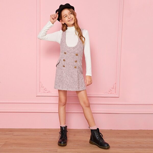 

Girls Double Breasted Tweed Pinafore Dress With Top, Multicolor