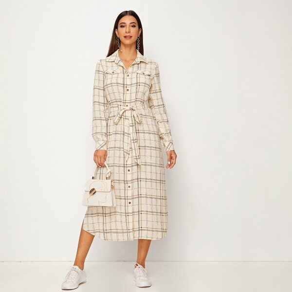 

Collared Self Belted Split Side Plaid Shirt Dress, Beige pastel