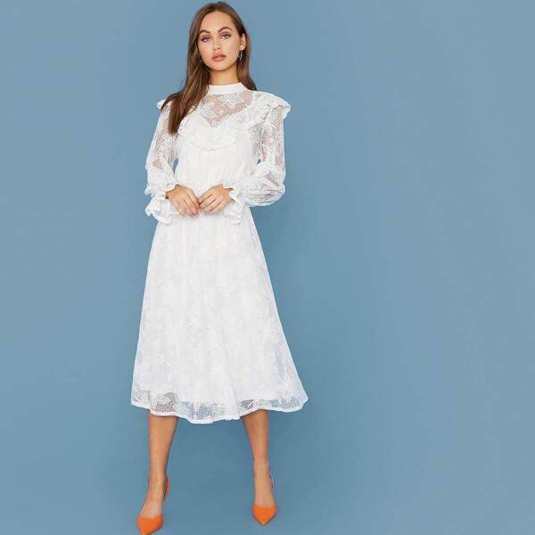 

Mock-Neck Ruffle Trim Lace Overlay Dress, White