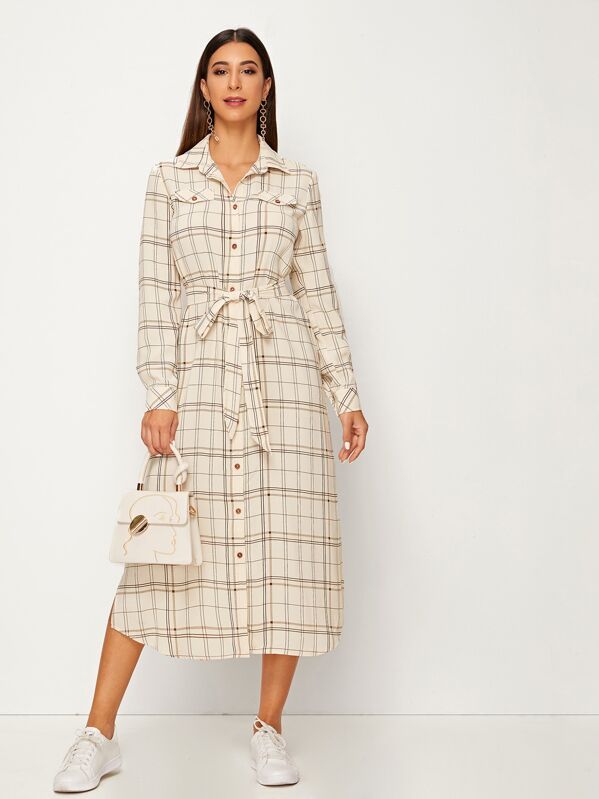 

Collared Self Belted Split Side Plaid Shirt Dress, Beige, Gabe