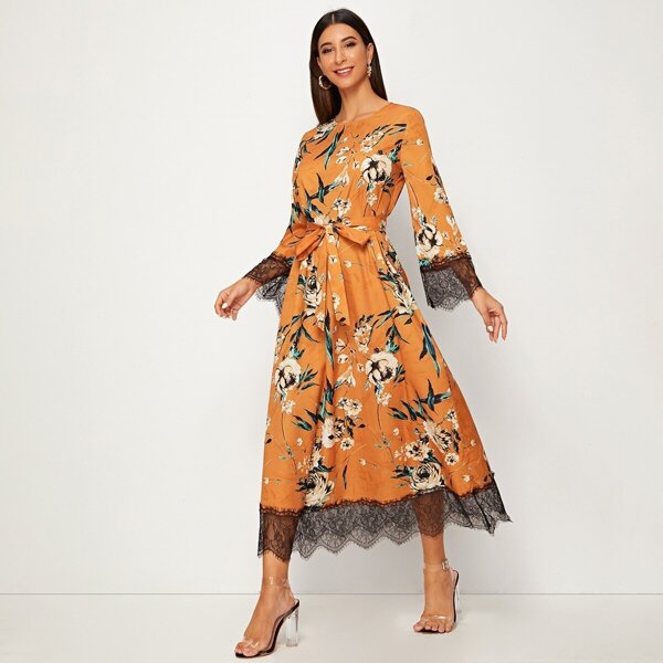 

Eyelash Lace Trim Floral Print Belted Dress, Yellow bright