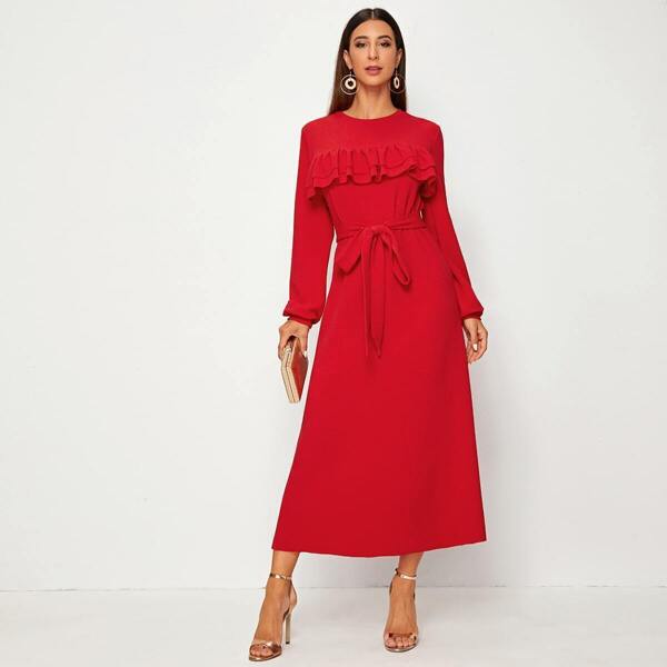 

Layered Ruffle Trim Self Belted Dress, Red bright