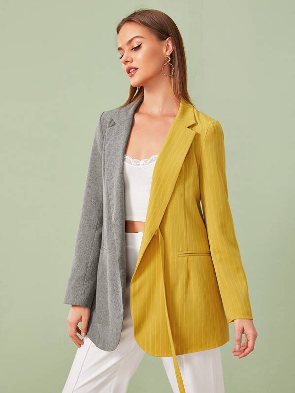 

Two Tone Wrap Tie Side Combo Blazer, Multicolor, Rasa