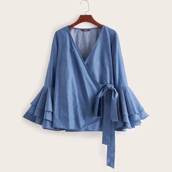 

Wrap Belted Layered Flounce Sleeve Top, Blue