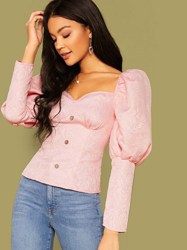 

Leg-of-mutton Sweetheart Neck Jacquard Top, Pink, Juliette