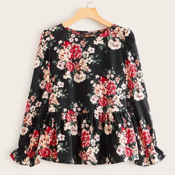 

Botanical Print Bell Sleeve Peplum Top, Multicolor
