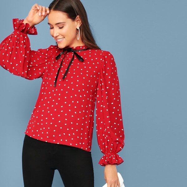 

Tie Neck Flounce Sleeve Heart Print Top, Red bright
