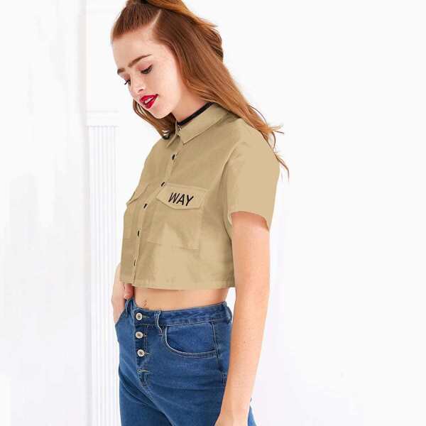 

Flap Pocket Front Letter Graphic Blouse, Khaki