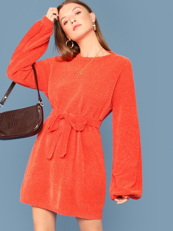 

Neon Orange Lantern Sleeve Self Belted Sweater Dress, Amanda Mondale