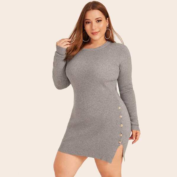 

Plus Slit Hem Buttoned Sweater Dresses, Grey