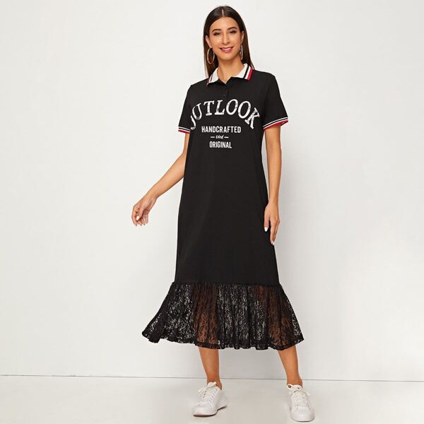 

Slogan Graphic Lace Hem Striped Polo Dress