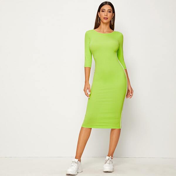 

Neon Lime Striped Side Bodycon Dress, Green bright