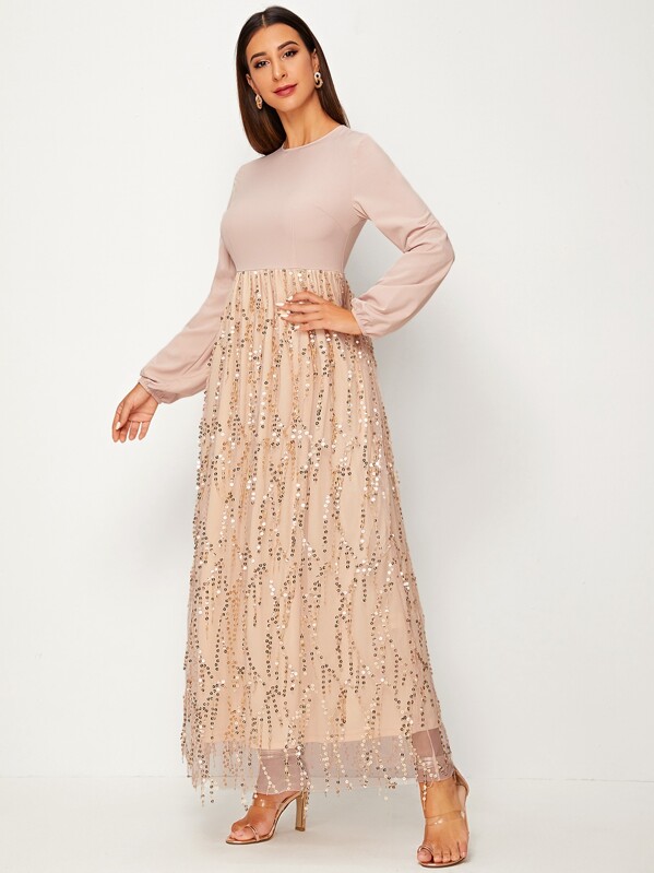 

Sequin Mesh Overlay Dress, Nude, Gabe