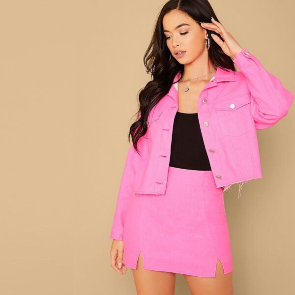 

Neon Pink Flap Pocket Button Front Jacket, Pink bright